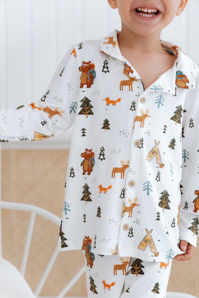Bambu Kumaş Önden Düğmeli Erkek Çocuk Pijama Takımı 4 YAŞ - Ayıcık