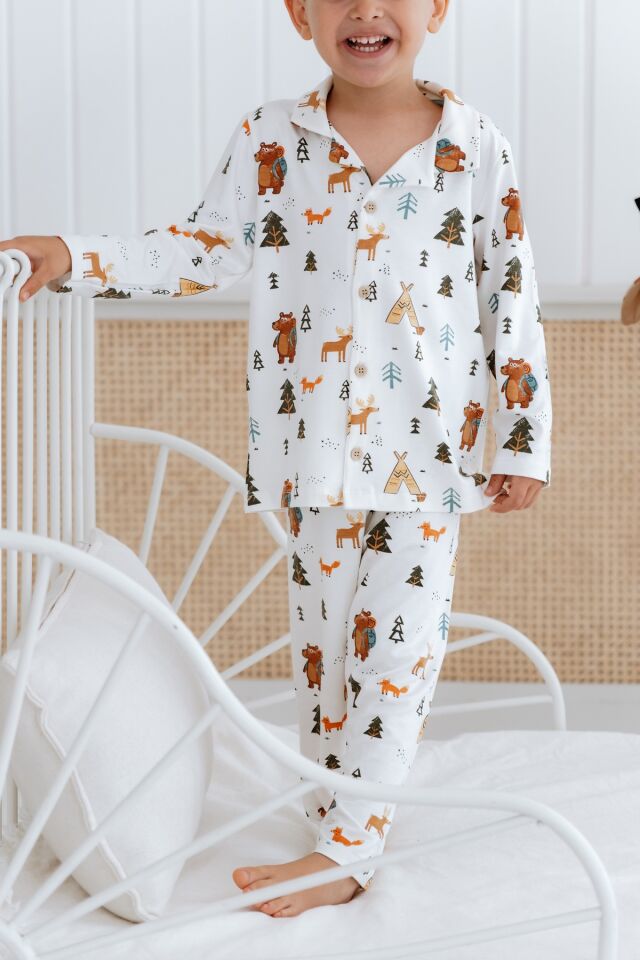 Bambu Kumaş Önden Düğmeli Erkek Çocuk Pijama Takımı 4 YAŞ - Ayıcık
