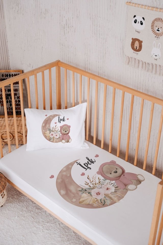 %100 Pamuk İsme Özel Park Yatak Çarşaf Seti (120x180) Ayıcık
