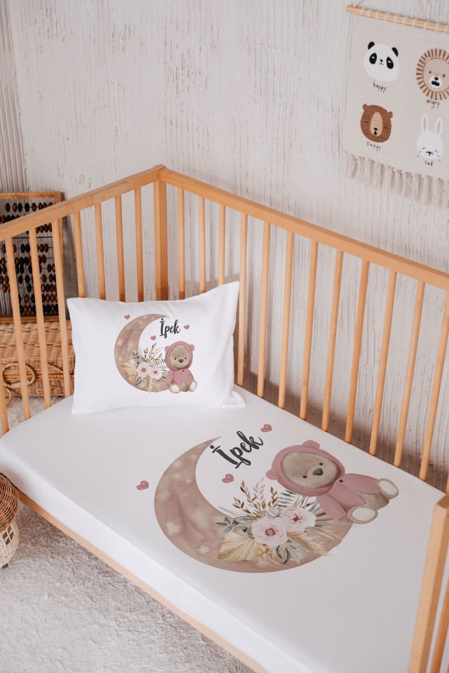 %100 Pamuk İsme Özel Park Yatak Çarşaf Seti (120x180) Ayıcık