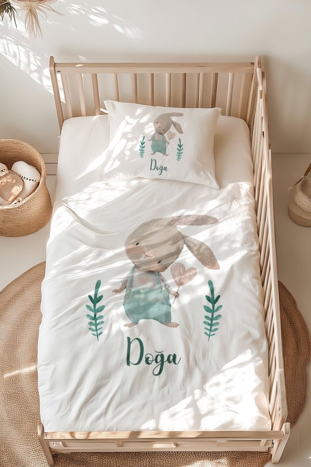 İsme Özel Montessori Yatak Nevresim Takımı (100x200 cm) Tavşan