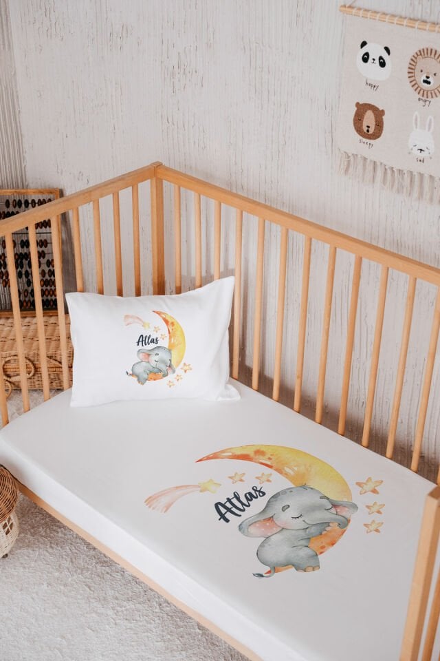 %100 Pamuk İsme Özel Park Yatak Çarşaf Seti (120x180) Fil