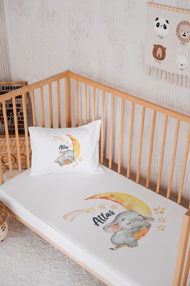 %100 Pamuk İsme Özel Park Yatak Çarşaf Seti (120x180) Fil