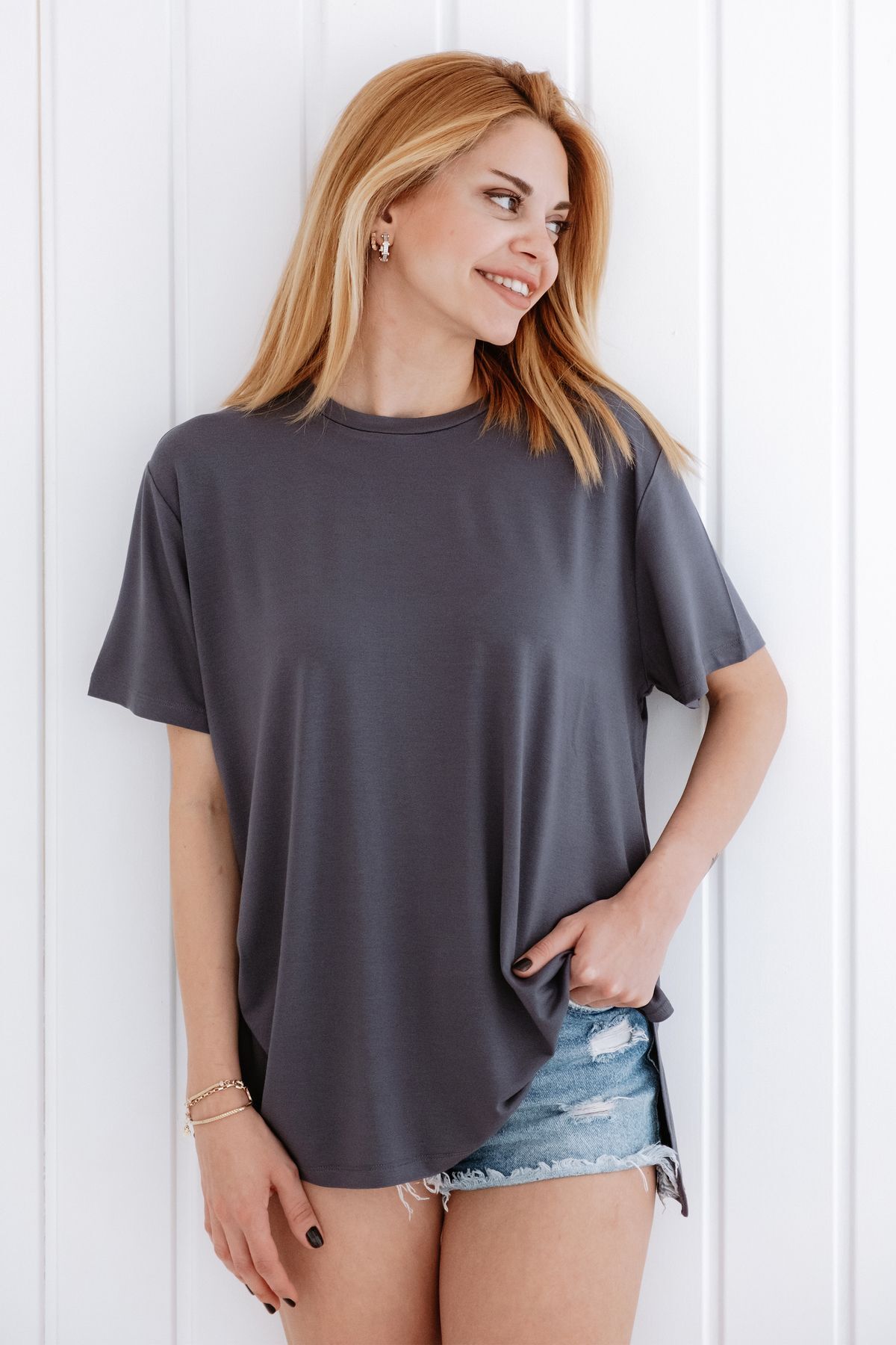 Bisiklet Yaka Loose Fit Modal T-shirt XL - Siyah