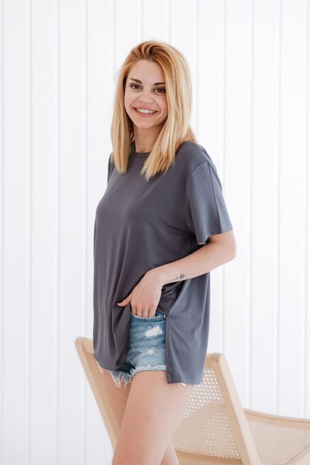 Bisiklet Yaka Loose Fit Modal T-shirt XL - Siyah