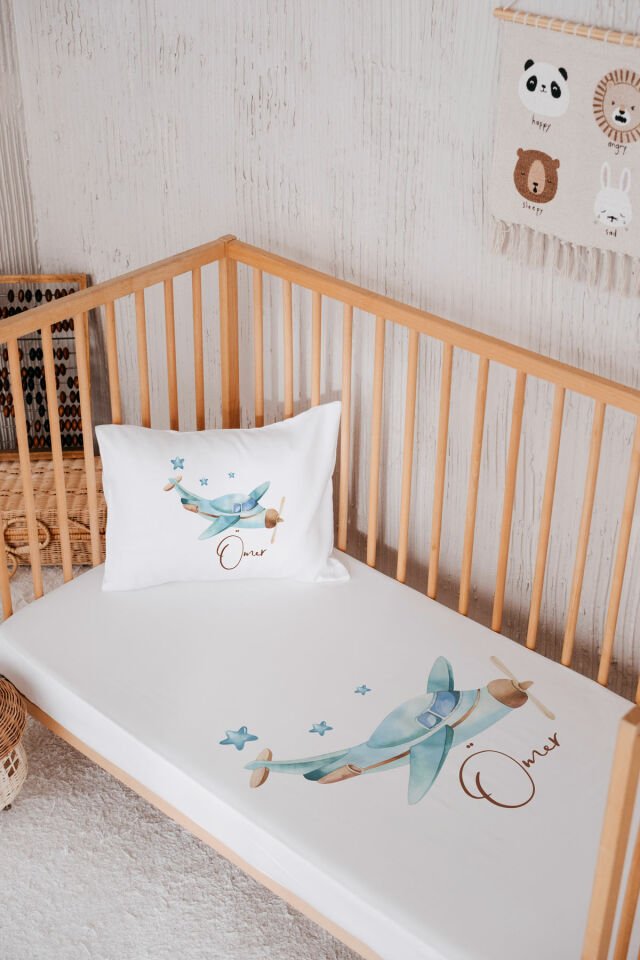 %100 Pamuk İsme Özel Park Yatak Çarşaf Seti (120x180) Uçak