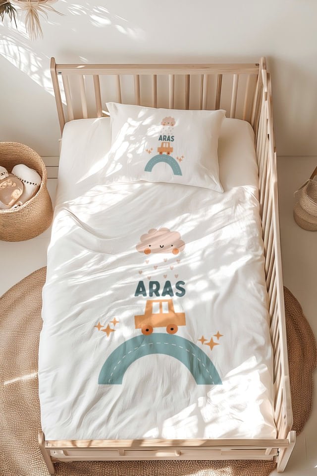 %100 Pamuk İsme Özel Montessori Yatak Nevresim Takımı (100x200 cm) Araba ve Bulut