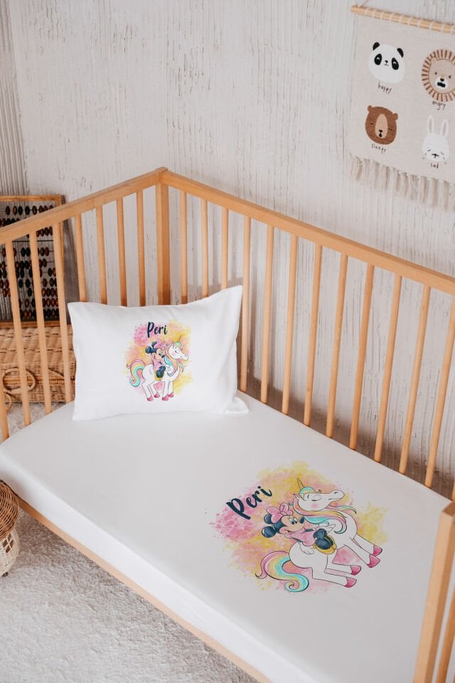 %100 Pamuk İsme Özel Park Yatak Çarşaf Seti (120x180) Mickey