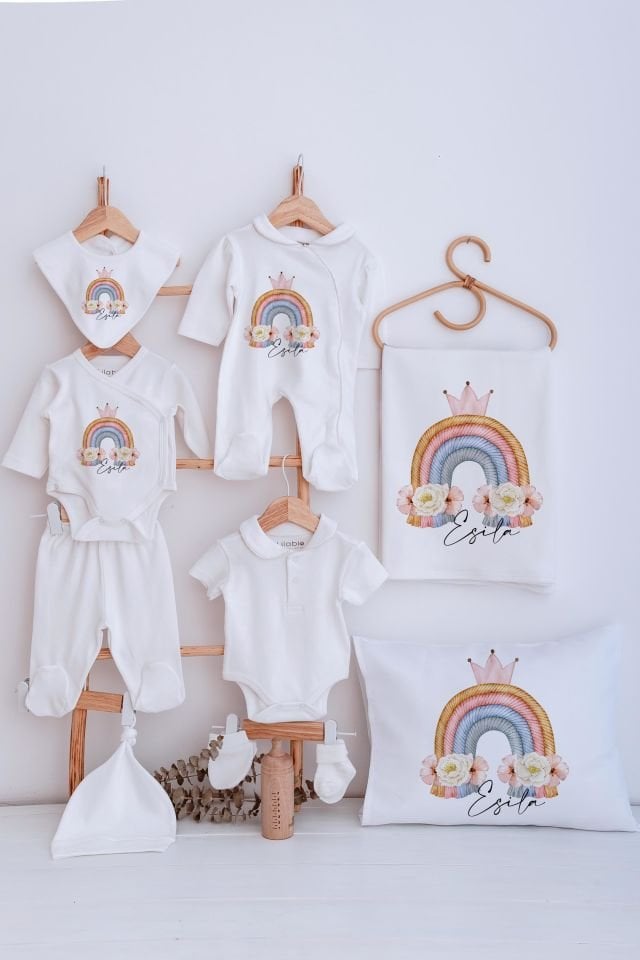 Lilabio Bebe Yaka İsme Özel Delux 12li Hastane Çıkışı Çiçekli Gökkuşağı