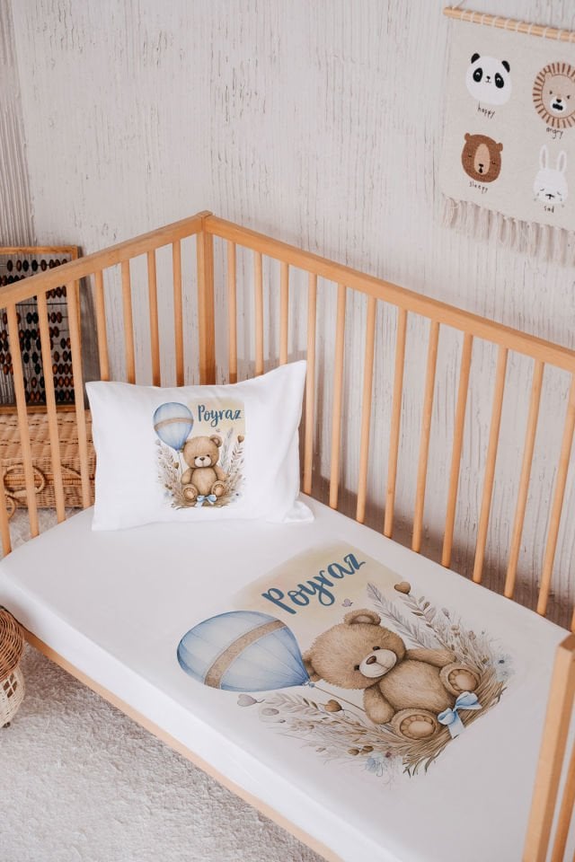 %100 Pamuk İsme Özel Park Yatak Çarşaf Seti (120x180) Ayıcık