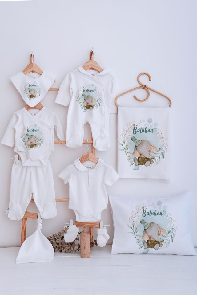 Lilabio Bebe Yaka İsme Özel Delux 12li Hastane Çıkışı Şapkalı Fil