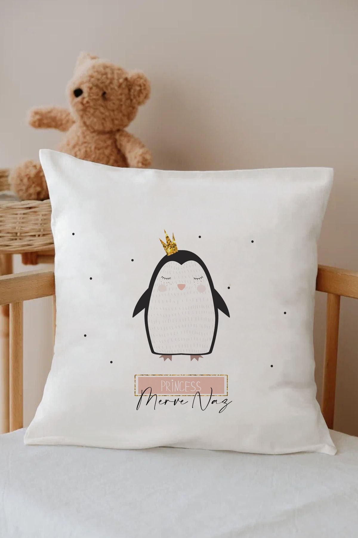 İsme Özel %100 Pamuk Çocuk Odası Kırlent Kılıfı-penguen