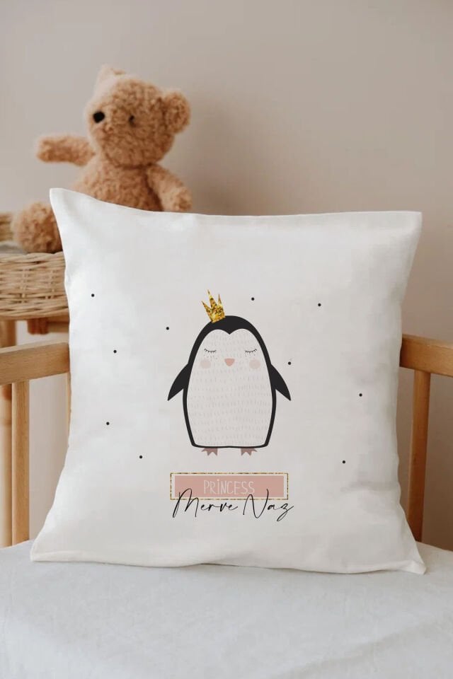 İsme Özel %100 Pamuk Çocuk Odası Kırlent Kılıfı-penguen