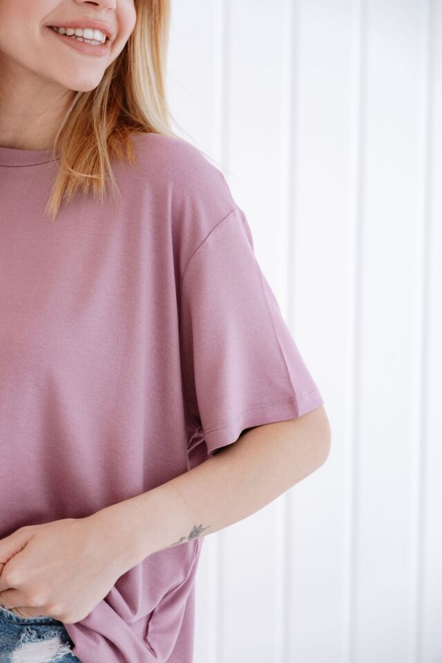 Bisiklet Yaka Loose Fit Modal T-shirt S - Pembe