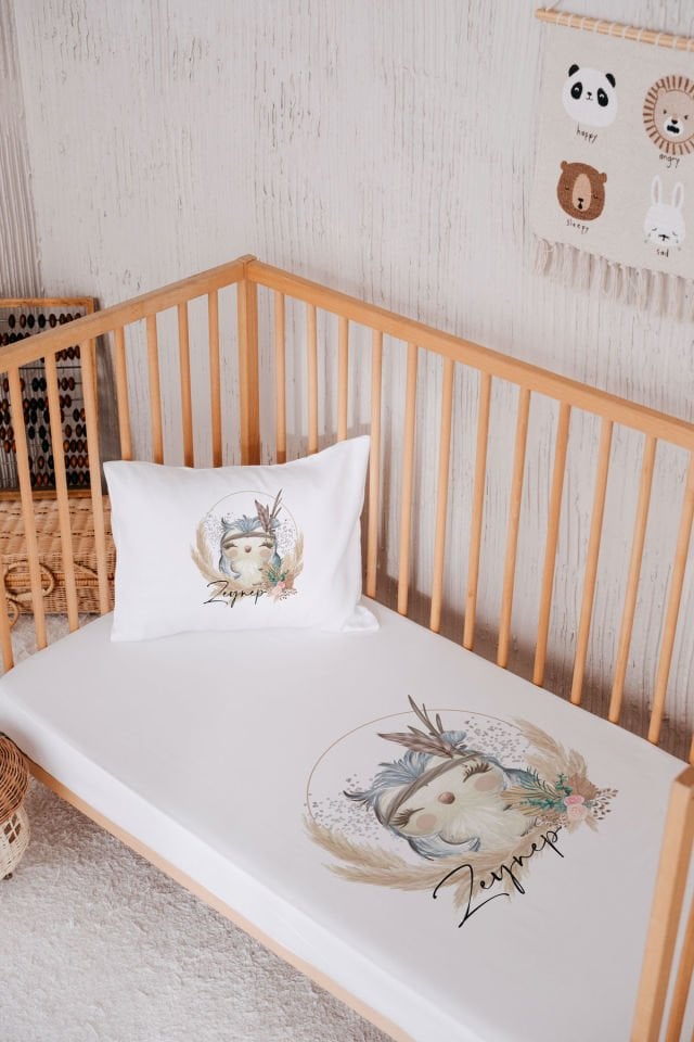 %100 Pamuk İsme Özel Park Yatak Çarşaf Seti (120x180) Tavşan