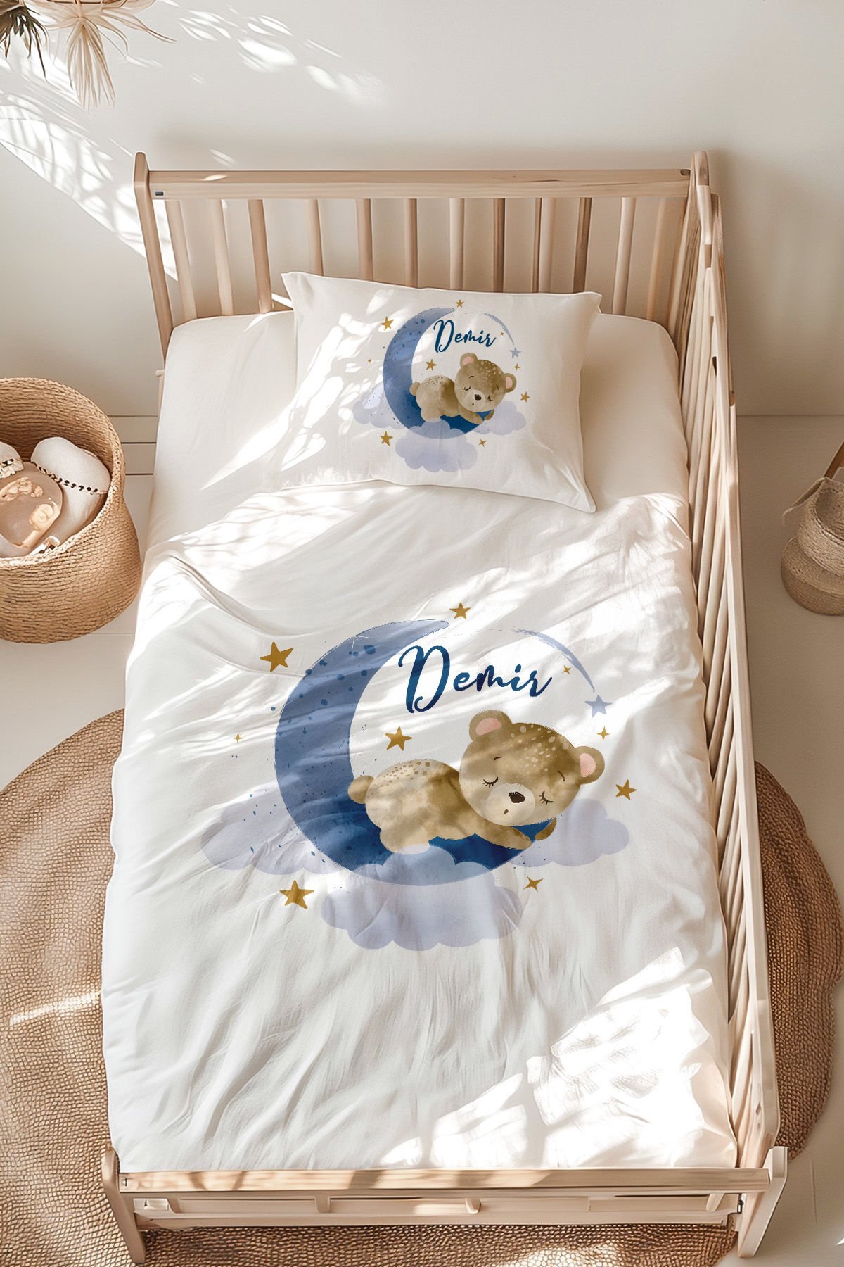 İsme Özel Montessori Yatak Nevresim Takımı (100x200 cm) Uyucan Ayıcık
