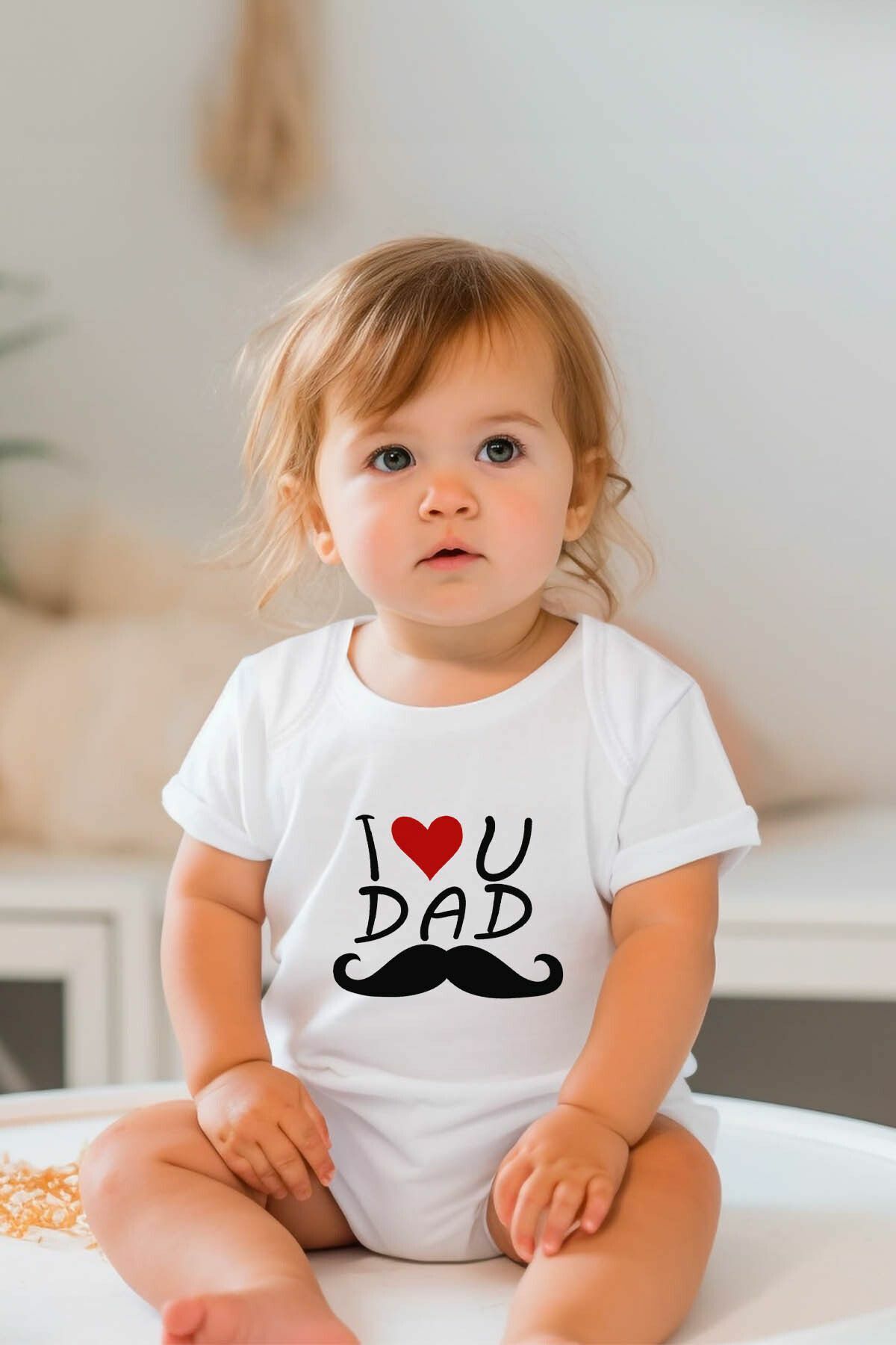 %100 Pamuk Kısa Kollu Bebek Body I Love Dad Yeni Doğan - Beyaz