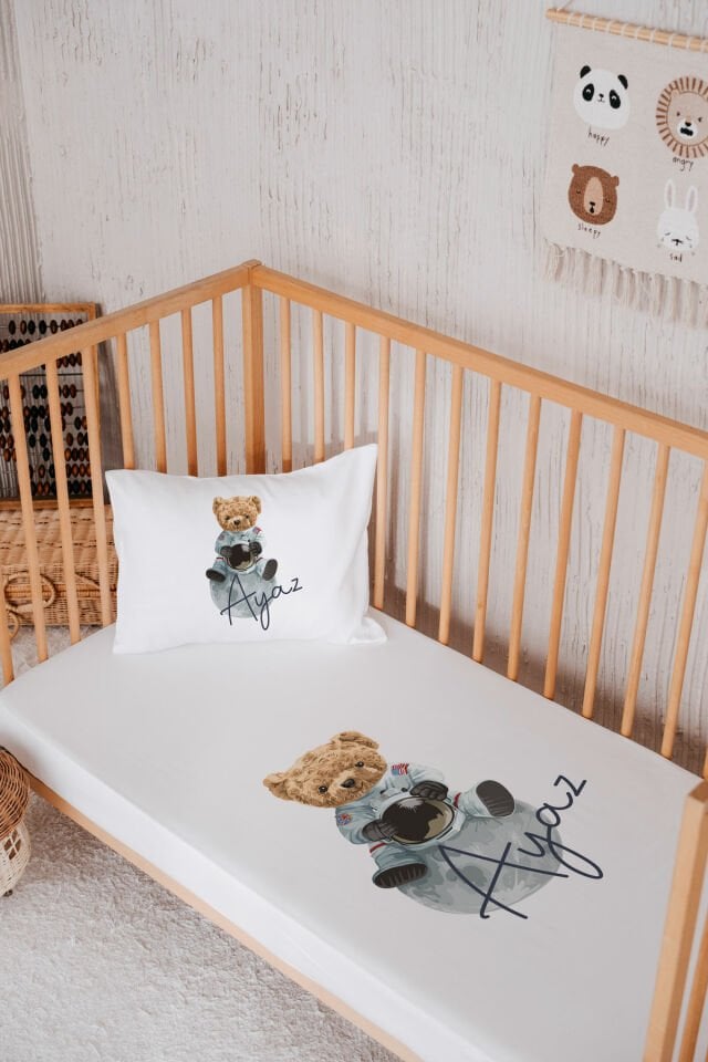 %100 Pamuk İsme Özel Park Yatak Çarşaf Seti (120x180) Ayıcık