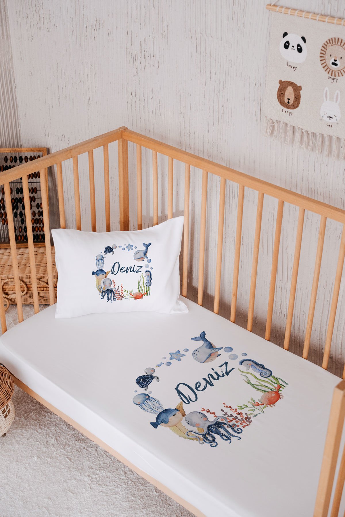 %100 Pamuk İsme Özel Park Yatak Çarşaf Seti (120x180) Deniz Canlıları