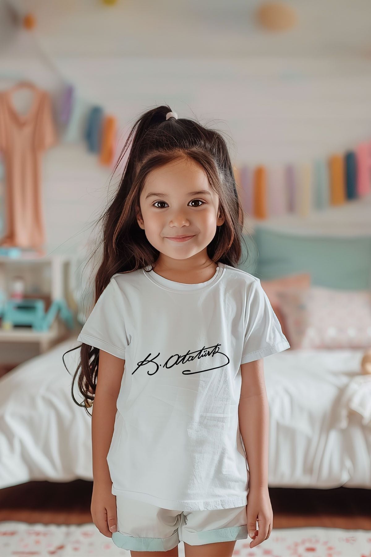 %100 Pamuk Kız Çocuk Atatürk Baskılı Kısa Kollu Tişört