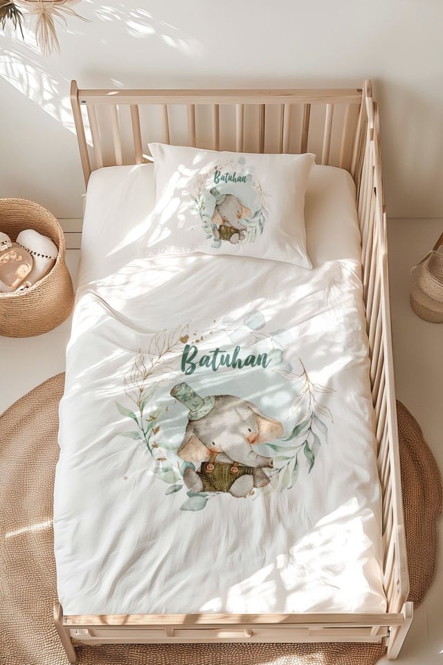 İsme Özel Montessori Yatak Nevresim Takımı (100x200 cm) Sevimli Fil