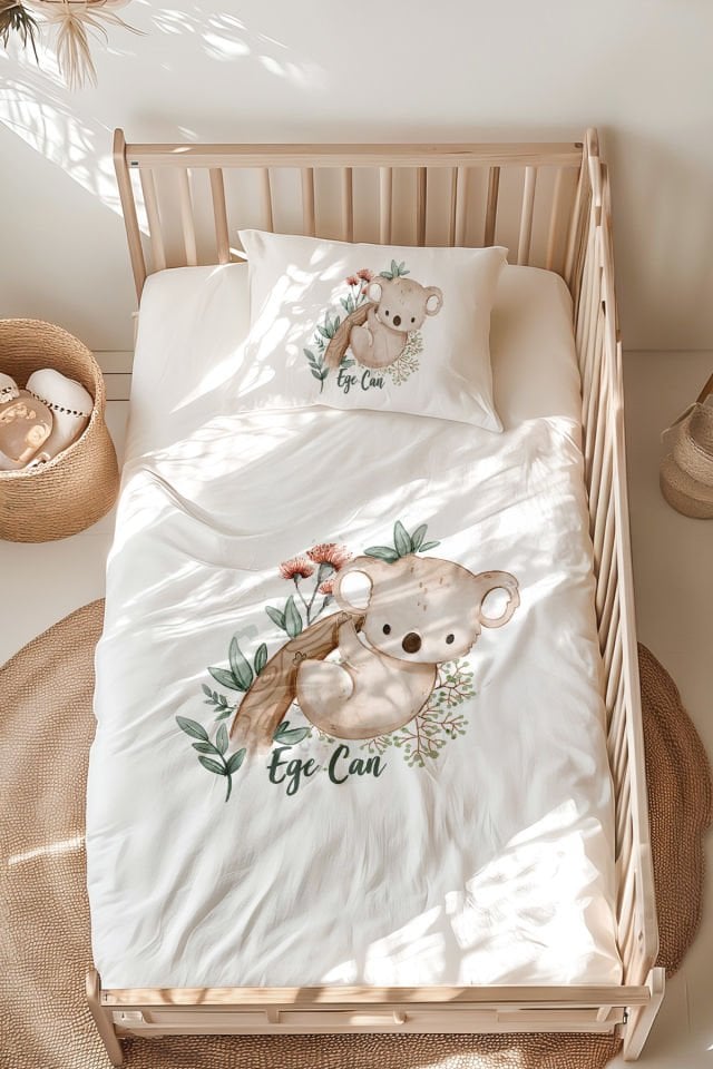 %100 Pamuk İsme Özel Montessori Yatak Nevresim Takımı (100x200 cm) Koala