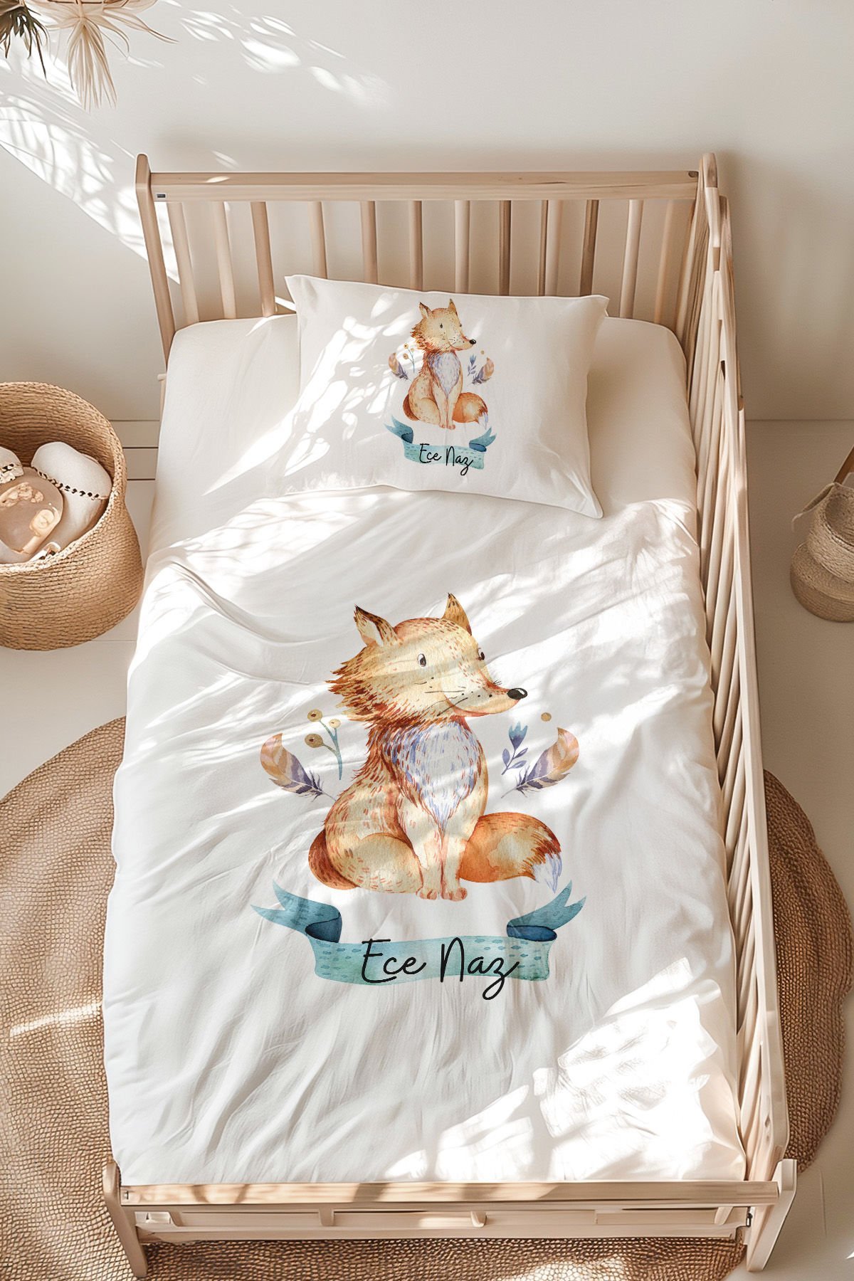 İsme Özel Montessori Yatak Nevresim Takımı (100x200 cm) Tilki