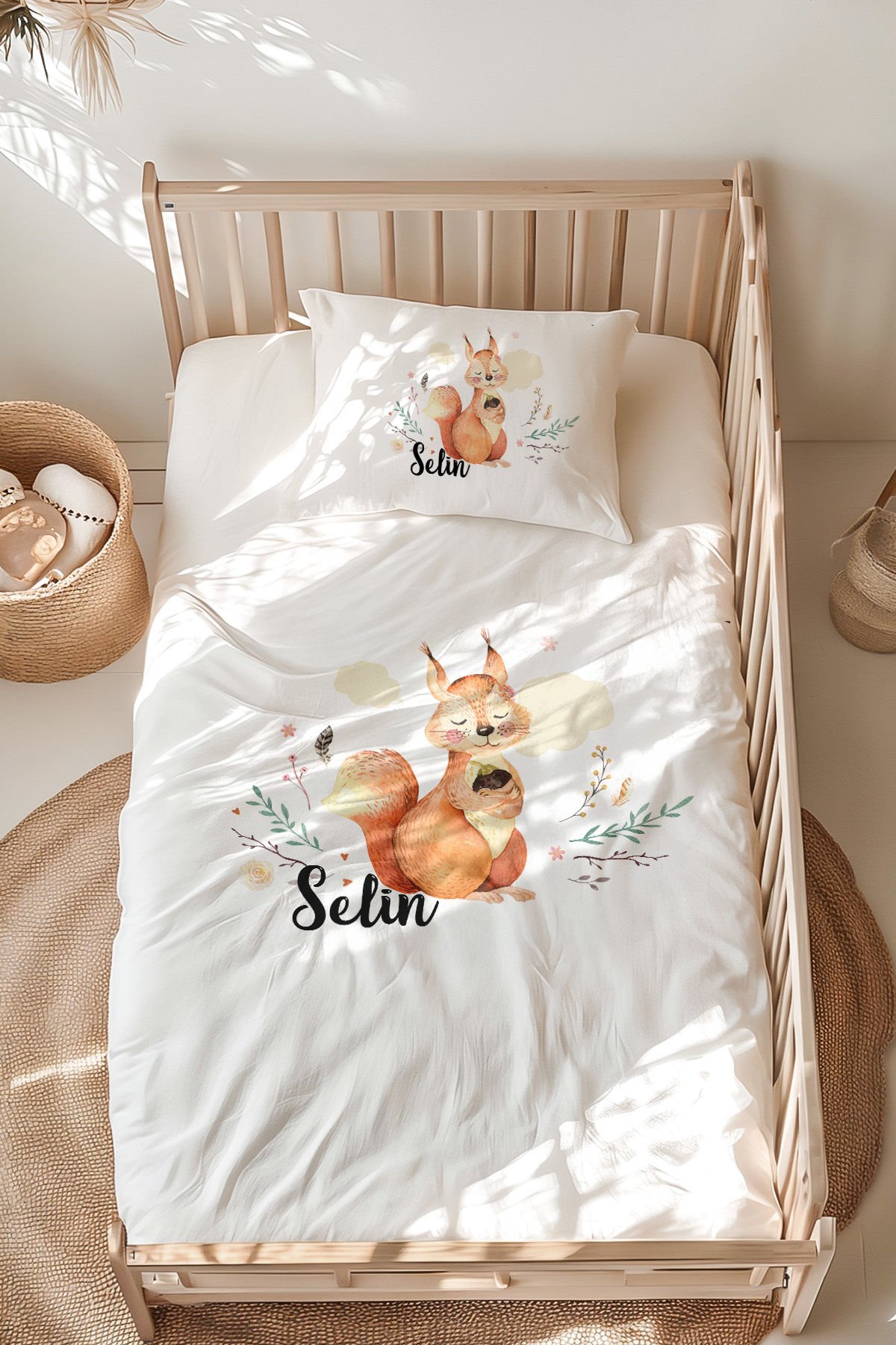 İsme Özel Montessori Yatak Nevresim Takımı (100x200 cm) Sincap