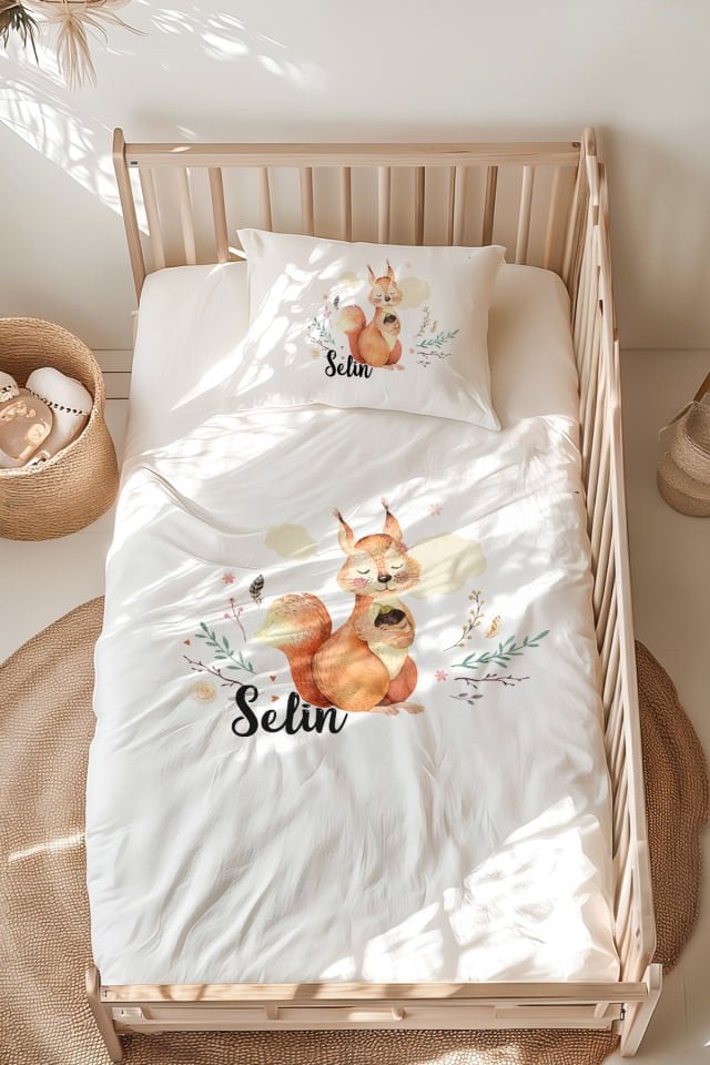 İsme Özel Montessori Yatak Nevresim Takımı (100x200 cm) Sincap