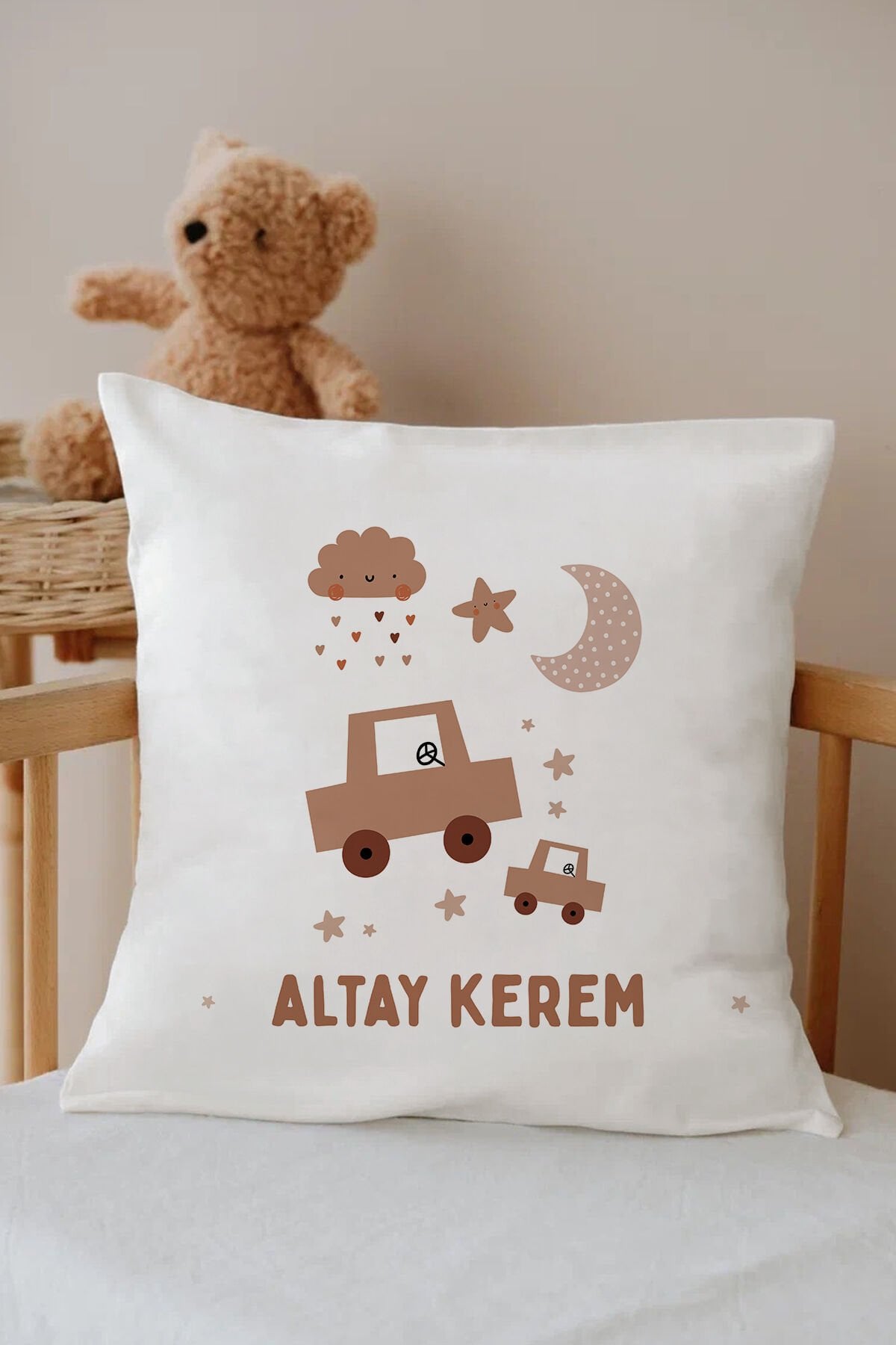 İsme Özel %100 Pamuk Çocuk Odası Kırlent Kılıfı-2 arabalı