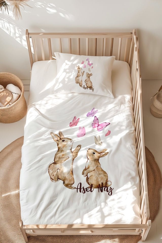 İsme Özel Montessori Yatak Nevresim Takımı (100x200 cm) Tavşanlar ve Kelebekler