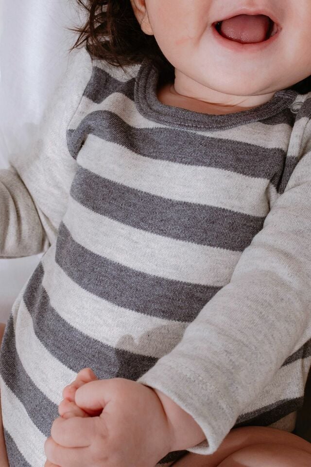 %100 Organik Pamuk Çizgili Uzun Kollu Bebek Body 1 Yaş - Gri