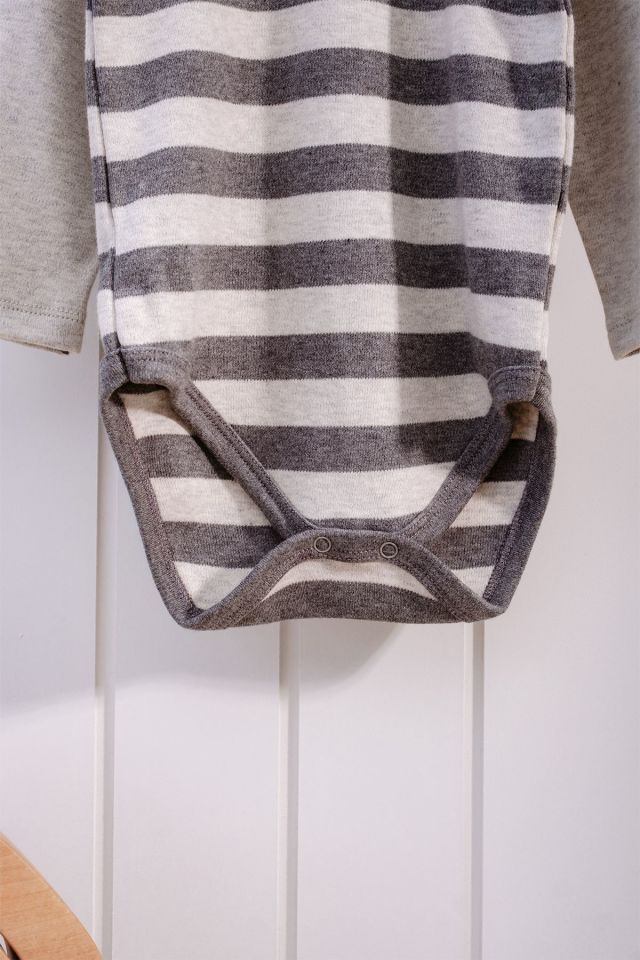 %100 Organik Pamuk Çizgili Uzun Kollu Bebek Body 1 Yaş - Gri