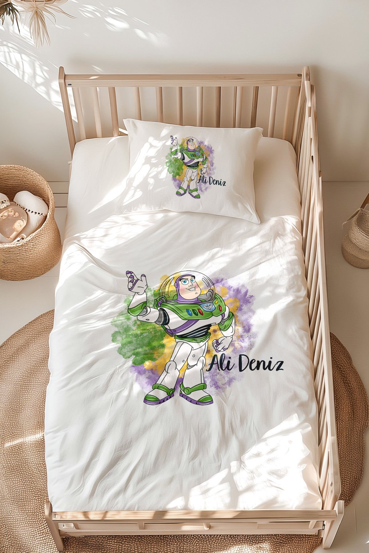 %100 Pamuk İsme Özel Montessori Yatak Nevresim Takımı (100x200 cm) Buzz