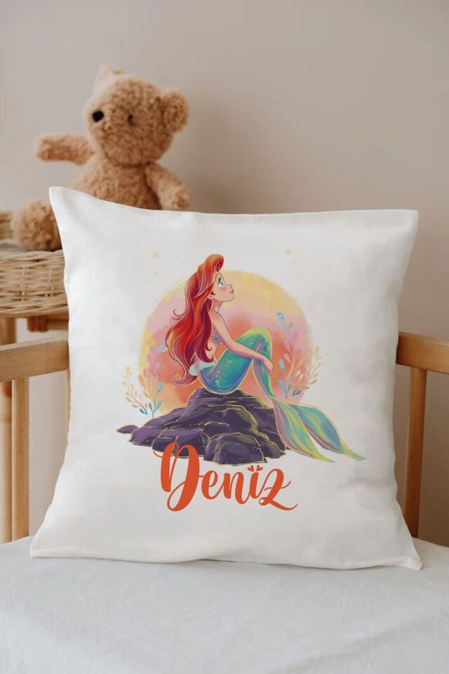 İsme Özel %100 Pamuk Çocuk Odası Kırlent Kılıfı-Deniz Kızı