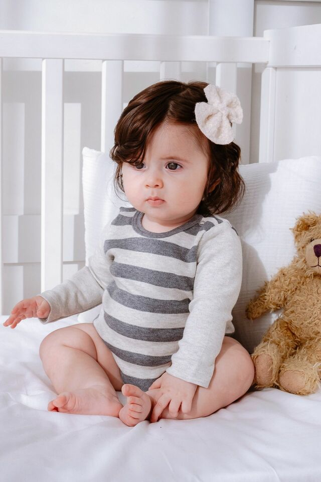 %100 Organik Pamuk Çizgili Uzun Kollu Bebek Body 6-9 AY - Gri