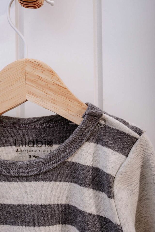 %100 Organik Pamuk Çizgili Uzun Kollu Bebek Body 6-9 AY - Gri