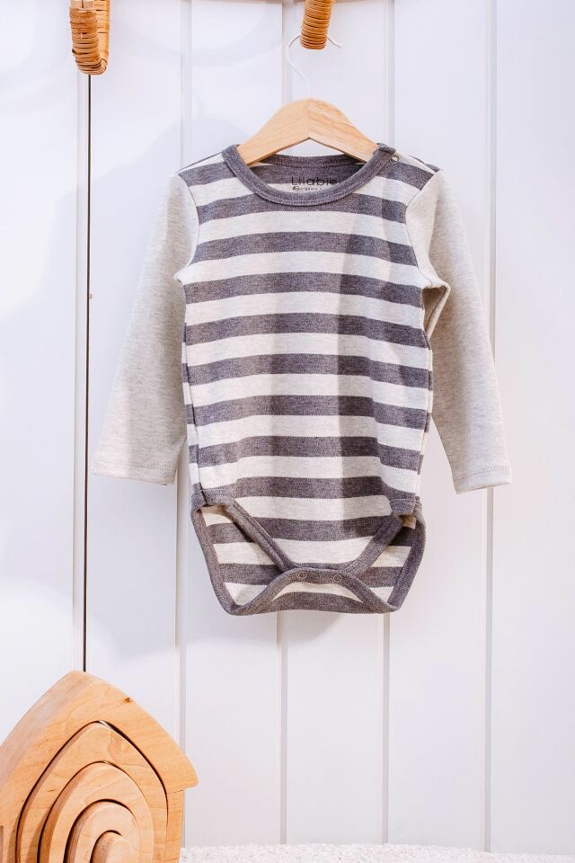 %100 Organik Pamuk Çizgili Uzun Kollu Bebek Body 6-9 AY - Gri