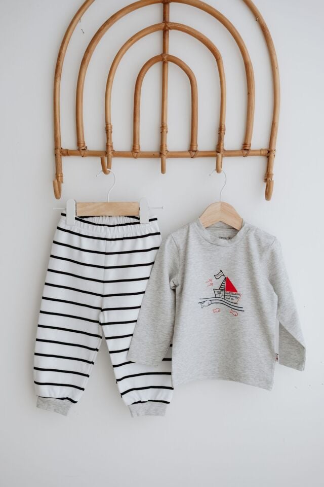 %100 Organik Pamuk Çizgili Pijama Alt Üst Gri Takım
