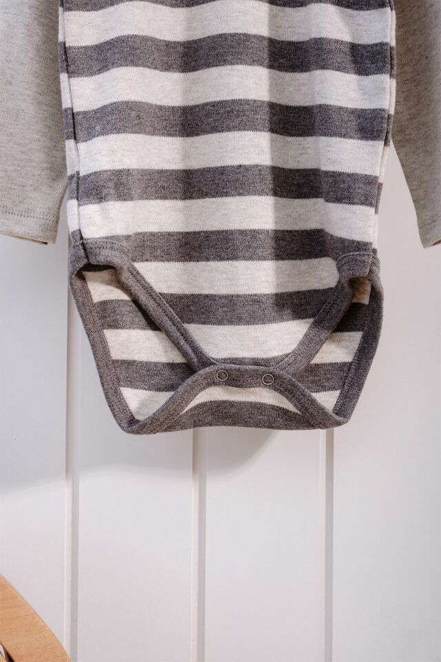 %100 Organik Pamuk Çizgili Uzun Kollu Bebek Body 3 YAŞ - Gri