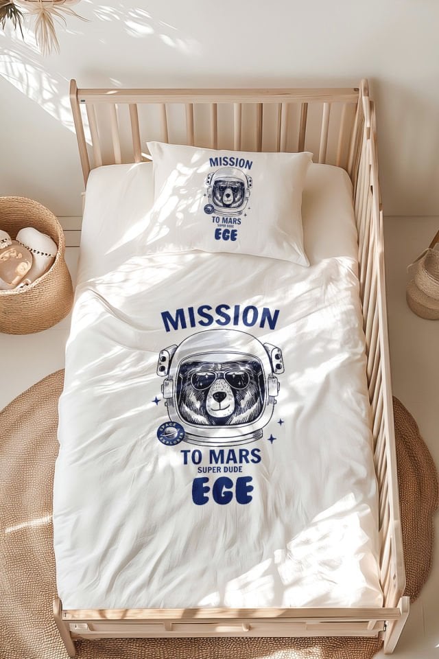 %100 Pamuk İsme Özel Montessori Yatak Nevresim Takımı (100x200 cm) Mars Görevi