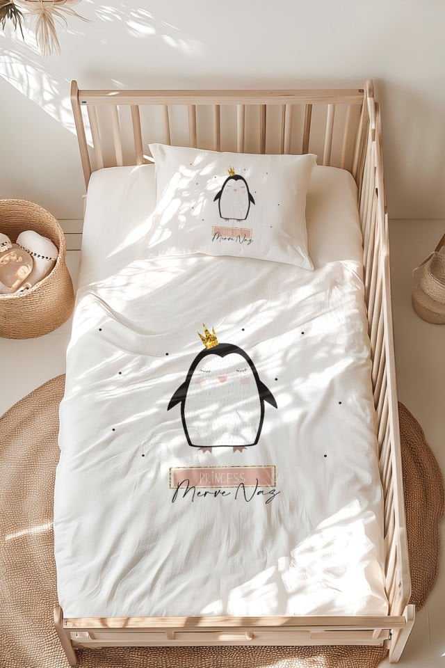 İsme Özel Montessori Yatak Nevresim Takımı (100x200 cm) Penguen