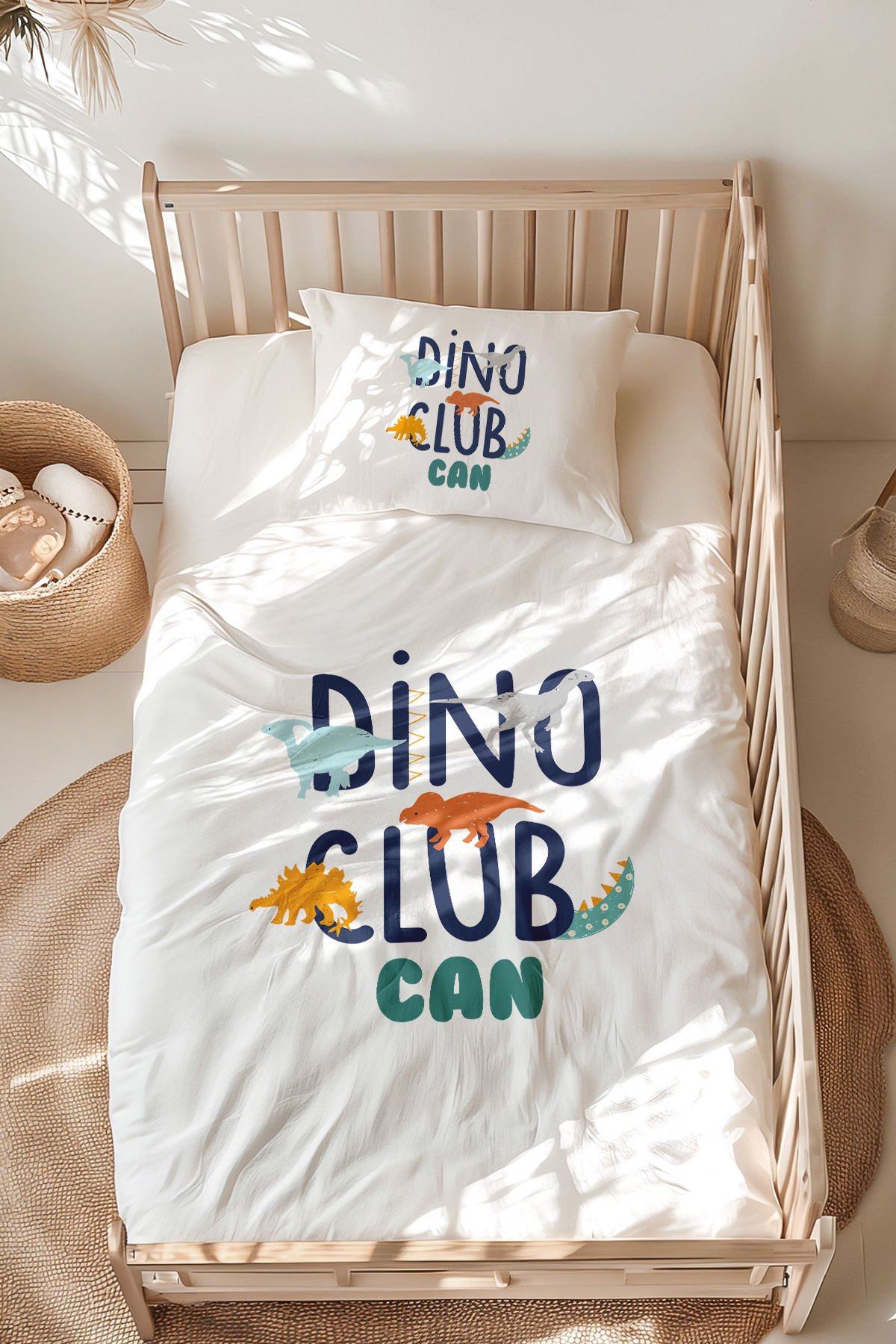 %100 Pamuk İsme Özel Montessori Yatak Nevresim Takımı (100x200 cm) Dinozor Klübü