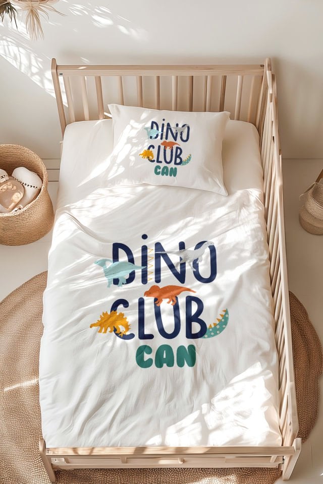 %100 Pamuk İsme Özel Montessori Yatak Nevresim Takımı (100x200 cm) Dinozor Klübü