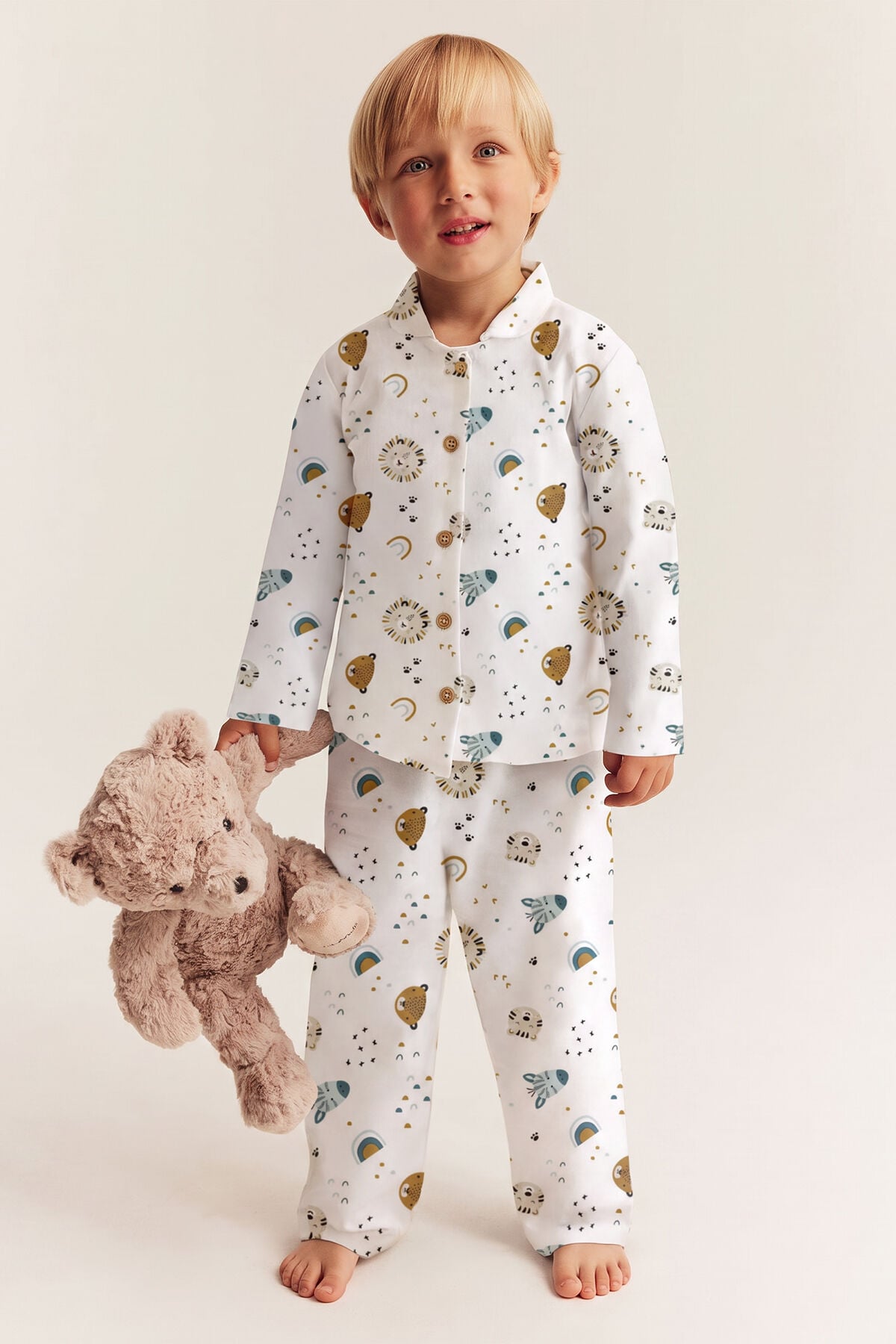 %100 Pamuk Pazen Erkek Çocuk Pijama Takımı Animal