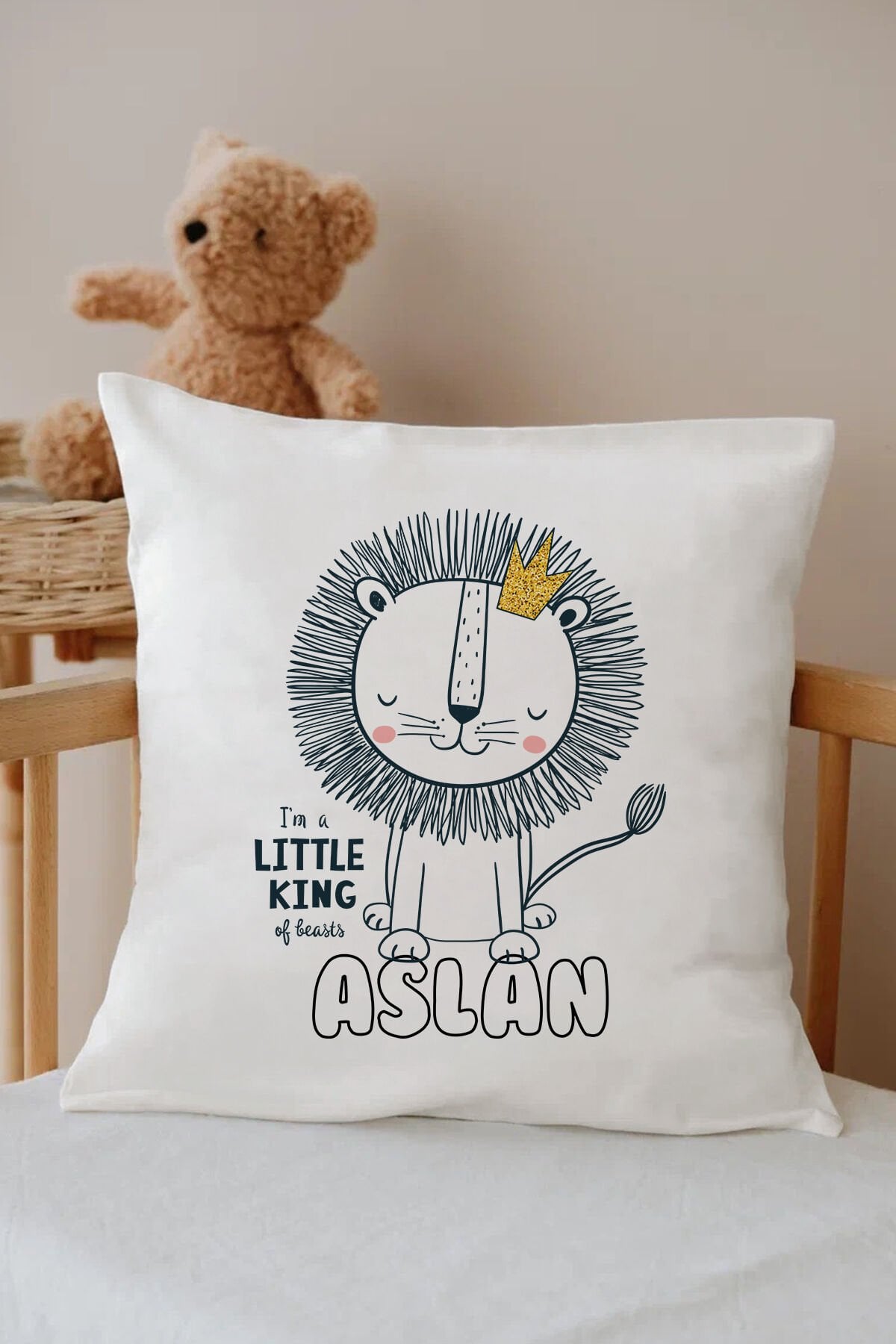 İsme Özel %100 Pamuk Çocuk Odası Kırlent Kılıfı-aslan