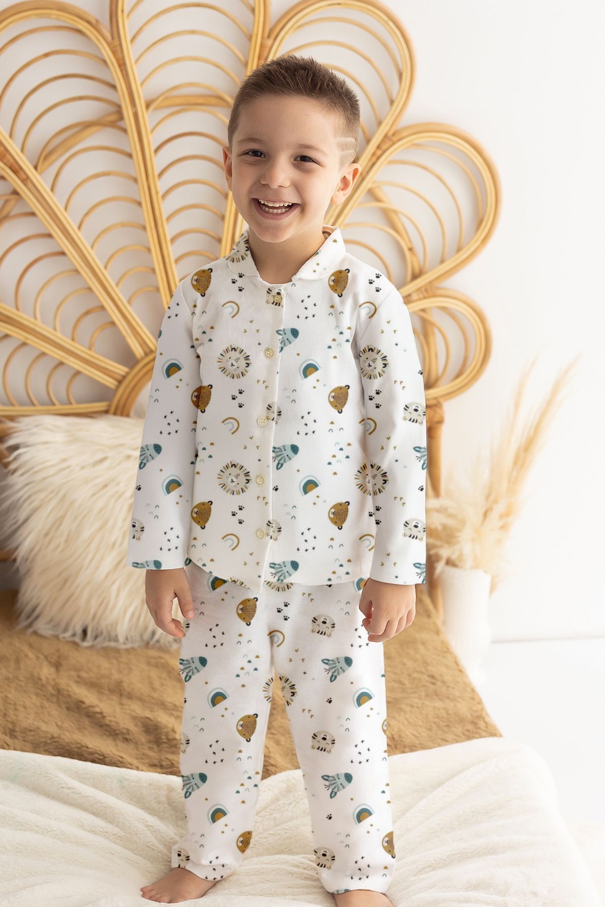 %100 Pamuk Pazen Erkek Çocuk Pijama Takımı Animal 5 YAŞ - Beyaz