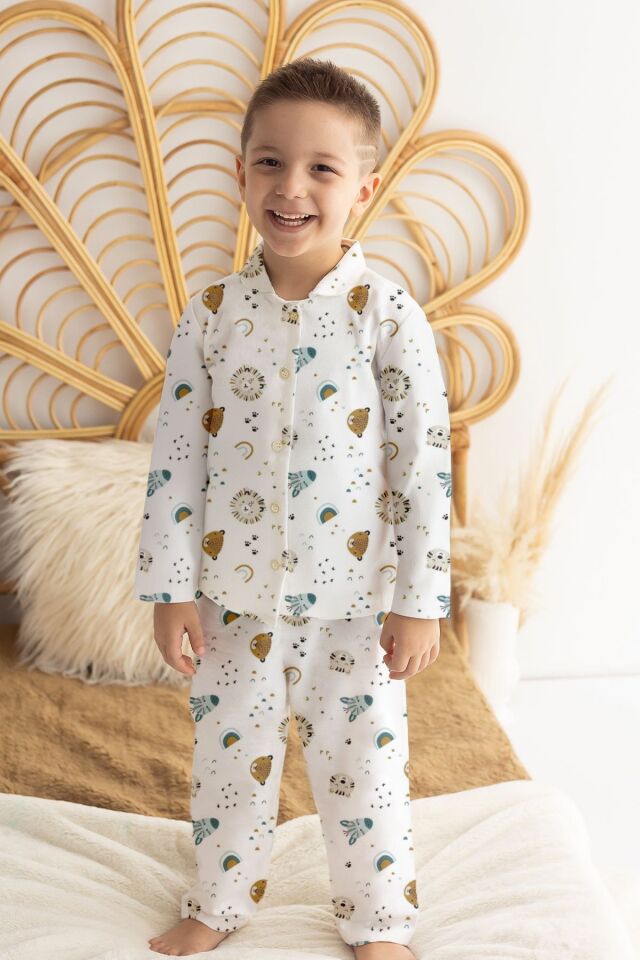 %100 Pamuk Pazen Erkek Çocuk Pijama Takımı Animal 5 YAŞ - Beyaz