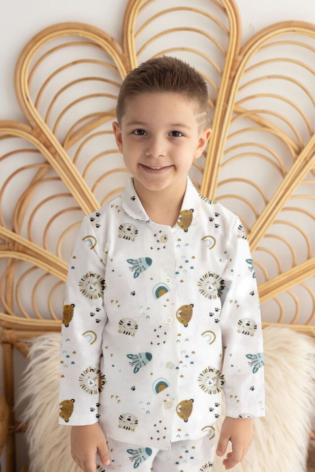 %100 Pamuk Pazen Erkek Çocuk Pijama Takımı Animal 3 YAŞ - Beyaz