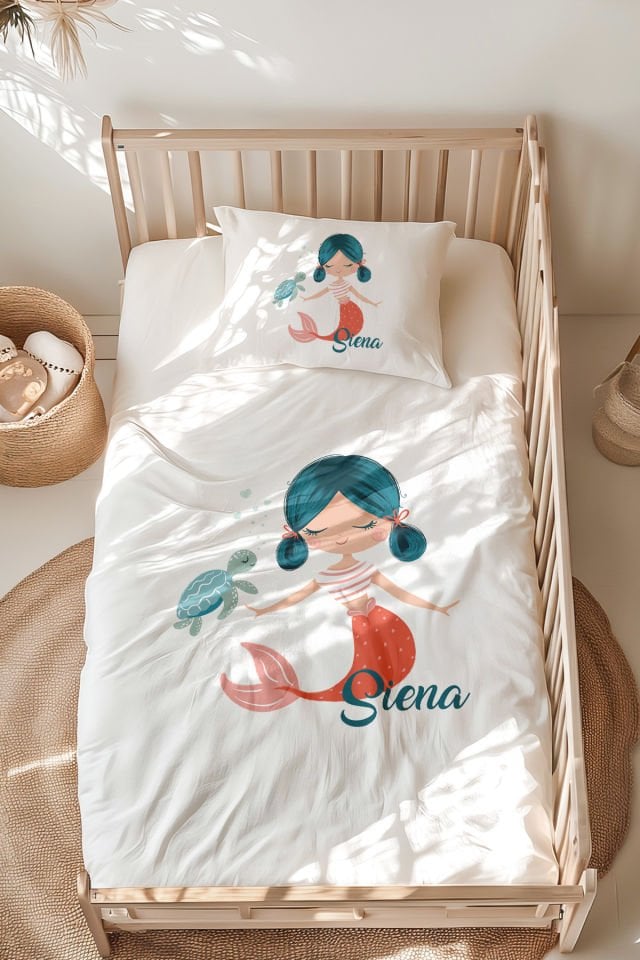 %100 Pamuk İsme Özel Montessori Yatak Nevresim Takımı (100x200 cm) Denizkızı ve Kaplumbağa